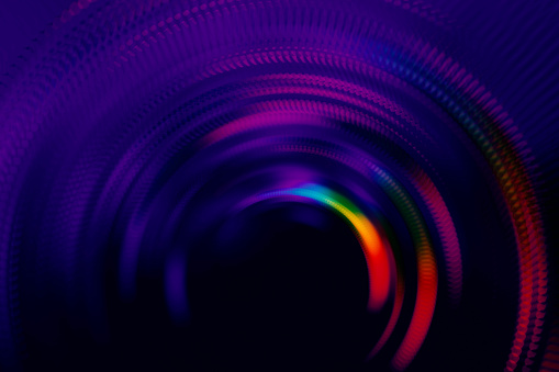 Neon Colorful Holographic Tunnel Concentric Ring Circle Black Glowing Striped Shiny Pattern Spinning Door Motion Speed Vitality Background Abstract Copy Space Ultra Violet Bright Multi Colored Texture Filter Distorted Macro Photography