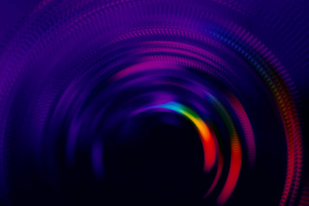 neon colorful holographic tunnel concentric ring black vitality glowing striped shiny synthpop pattern door motion speed background abstract copy space ultra violet light leaks vibrant texture - prism spectrum laser rainbow imagens e fotografias de stock