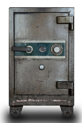 Old security safe box on white background