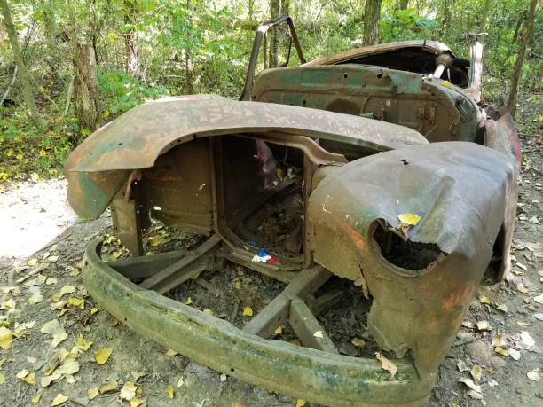 istock Ancient rusted out vintage car found in woods view from front end 1175524943