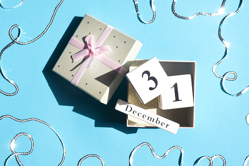 Gift box with cubes with the date of the new year. Holiday. New Year .