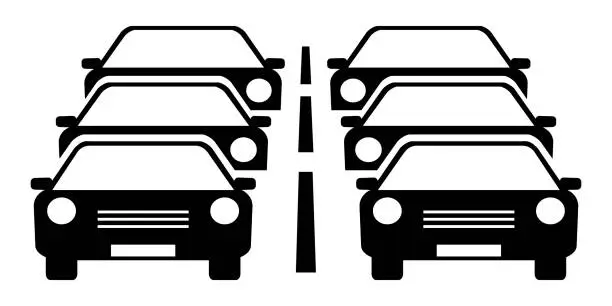 Vector illustration of Two lanes car traffic and vehicles. Vector illustration. Flat design.
