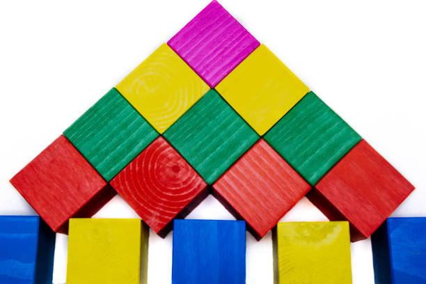 Bright, multi-colored, wooden cubes. Great material for the development of children.