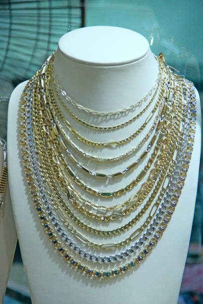 istock Jewelry is presented on shop window of chains 1175530863