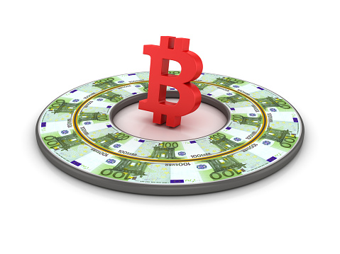 Circular Euro Bill Road with BITCOIN Symbol - White Background - 3D Rendering