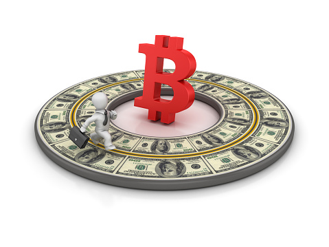 Circular Dollar Bill Road with Business Character Running around BITCOIN Symbol - White Background - 3D Rendering