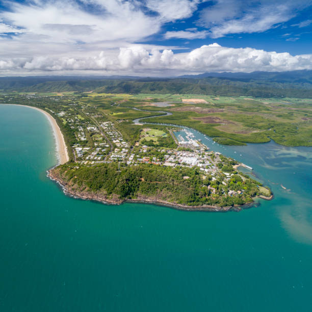 Port Douglas, Queensland, Australia Aerial panorama of the famous Four Mile Beach Cliff Walk with beach front Villas, Port Douglas, Queensland, Australia. Converted from RAW. port douglas photos stock pictures, royalty-free photos & images