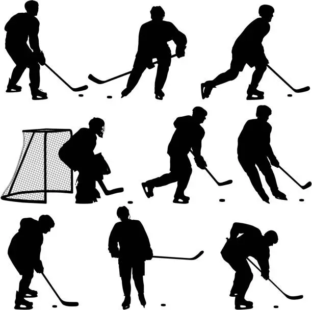 Vector illustration of Set of silhouettes of hockey player on white background