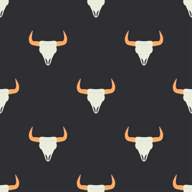 Vector illustration of Vector seamless color pattern with simplified buffalo, bison skull. Wild west symbolic textile ornament. Background indian folkloric decoration. Festive texture authentic, ethnic wrapping gift paper.