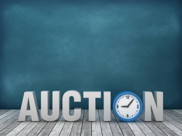 istock 3D Word AUCTION with Clock on Chalkboard Background - 3D Rendering 1175534332