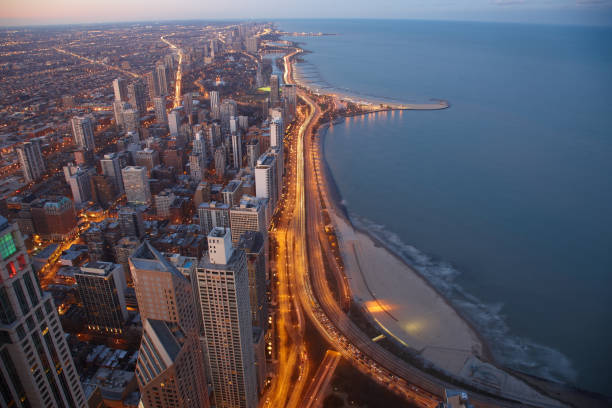 Chicago Lake Shore Drive Evening View of Lake Shore Drive Chicago Ill. Taken from John Hancock Tower. lake shore drive chicago stock pictures, royalty-free photos & images