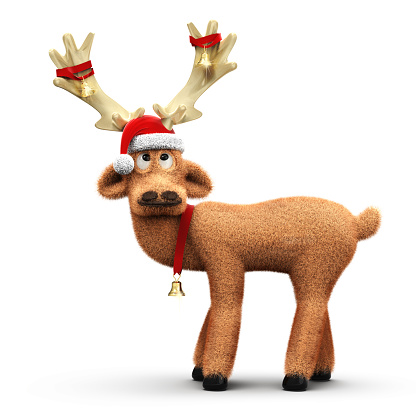Funny reindeer with Santa Claus hat and decoration on the antler isolated on white background 3D rendering