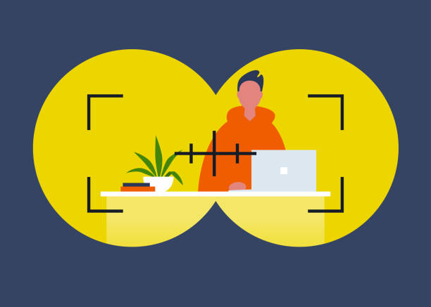 Headhunting. Binoculars view. Employment. Internet stalking. Young male character working on a computer. Flat editable vector illustration, clip art Headhunting. Binoculars view. Employment. Internet stalking. Young male character working on a computer. Flat editable vector illustration, clip art binoculars silhouettes stock illustrations