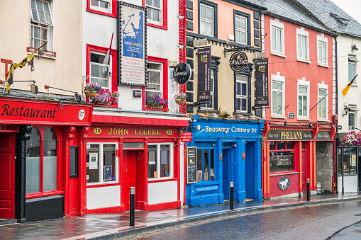 Stock photograph of colorful pubs and restaurants in downtown Kilkenny Ireland