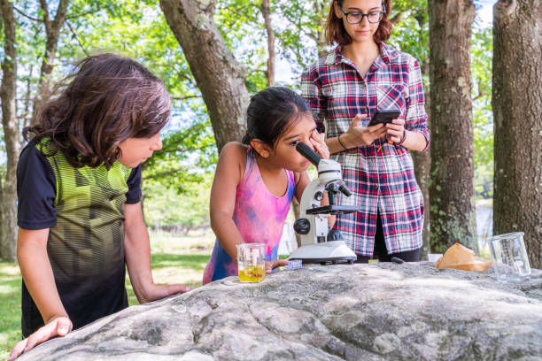 17-letnia nastolatka uczy swojego 9-letniego młodszego brata i 7-letnią siostrę, jak pracować z mikroskopem i uczyć się przyrody na świeżym powietrzu nad brzegiem jeziora w słoneczny letni dzień. - 6 7 years lifestyles nature horizontal zdjęcia i obrazy z banku zdjęć