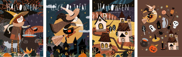 ilustraciones, imágenes clip art, dibujos animados e iconos de stock de ¡feliz halloween! vector lindo ilustración de una bruja preparando una poción; brujas en un palo de escoba; casas de miedo en una ciudad o pueblo y un conjunto de objetos. dibujos para tarjeta, póster o fondo. - halloween horror vampire witch