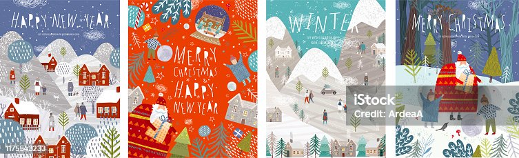 istock Winter holidays merry christmas and happy new year! Vector illustrations of nature, landscape, houses, people, and trees; drawing santa claus and happy children and family in the forest. Backgrounds. 1175543233
