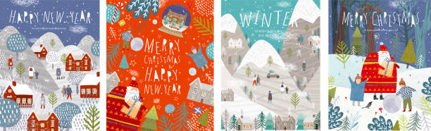 Winter holidays merry christmas and happy new year! Vector illustrations of nature, landscape, houses, people, and trees; drawing santa claus and happy children and family in the forest. Backgrounds. Winter holidays merry christmas and happy new year! Vector illustrations of nature, landscape, houses, people, and trees; drawing santa claus and happy children and family in the forest. Backgrounds. non urban scene illustrations stock illustrations