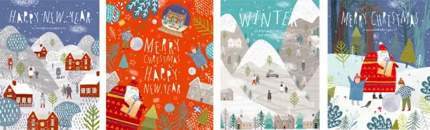 Vector illustration of Winter holidays merry christmas and happy new year! Vector illustrations of nature, landscape, houses, people, and trees; drawing santa claus and happy children and family in the forest. Backgrounds.