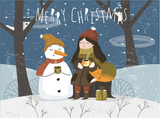 ilustrações de stock, clip art, desenhos animados e ícones de winter. vector illustration of cute greeting card for merry christmas and happy new year. freehand drawing of a girl a snow maiden, a snowman and an animal fox on nature in a fairy forest. - christmas christmas tree snow illustration and painting