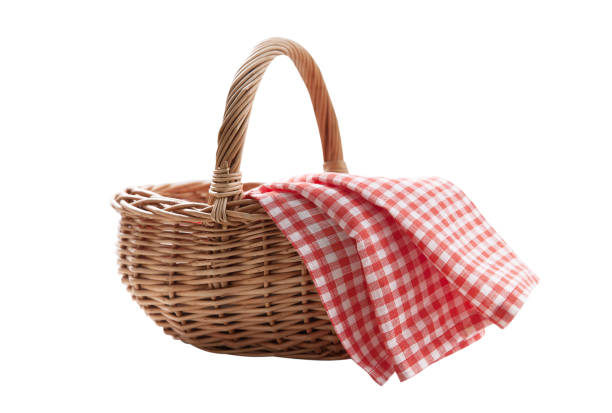 istock Red napkin and picnic basket isolated on white. 1175548799