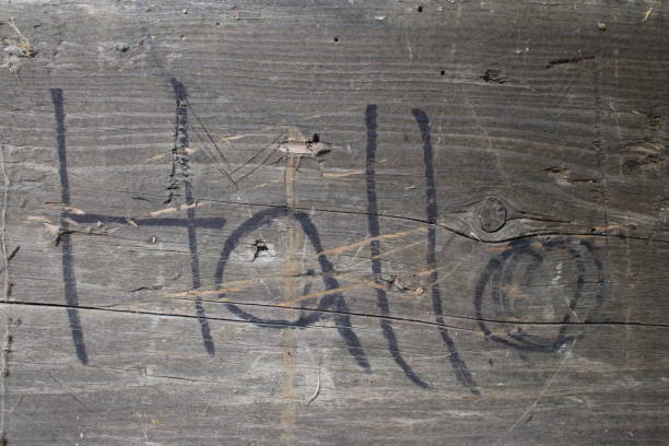 istock Hello written in black on a old wooden tile 1175550125
