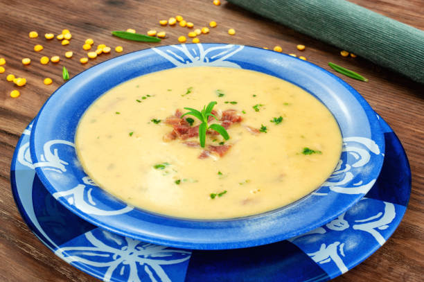 istock Yellow split pea cream soup with bacon and basil 1175551932