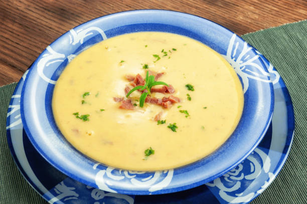 istock Yellow split pea cream soup with bacon and basil 1175551936
