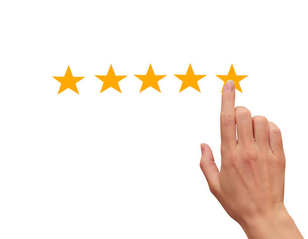 woman hand touching, clicking on five yellow stars illustration isolated on white background. the best rating, evaluation. business woman voting the hand - first class star shape rank gold imagens e fotografias de stock