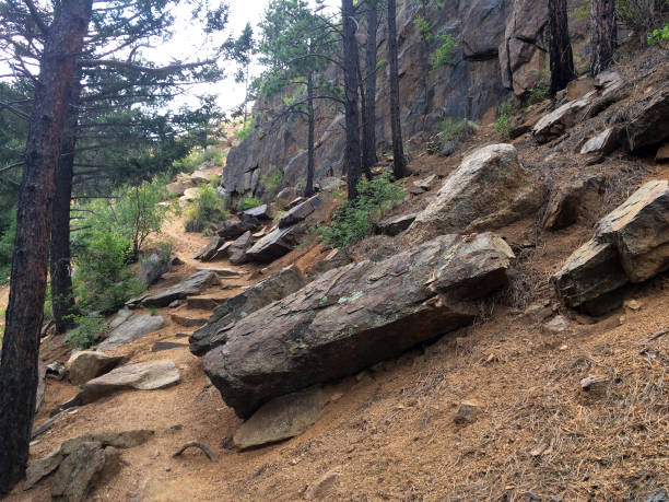 Mountain trail with boulders in the foothills of the Rocky Mountains in Cheyenne Canon National Park, Colorado, USA stock photo