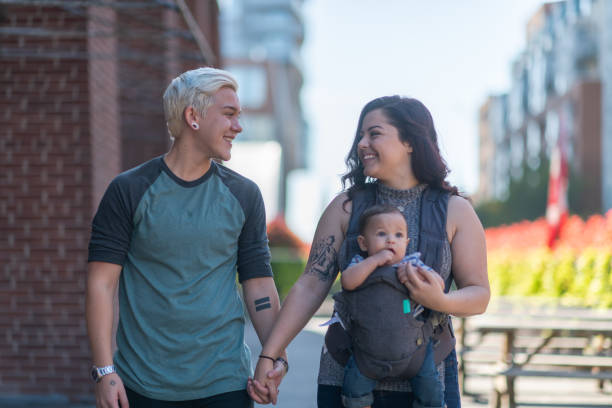 Lesbian couple walking with baby A young adult LGBT couple is spending time together. The partners are walking with their baby in the city. It's a sunny day. The cisgender adult is holding the baby in a carrier. The couple is holding hands and smiling. trans boy stock pictures, royalty-free photos & images