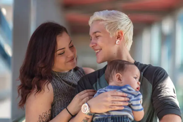 Portrait of a happy LGBT family. The young adult partners are spending time with their baby. The non-binary gendered adult is holding the baby boy. The parents are smiling.