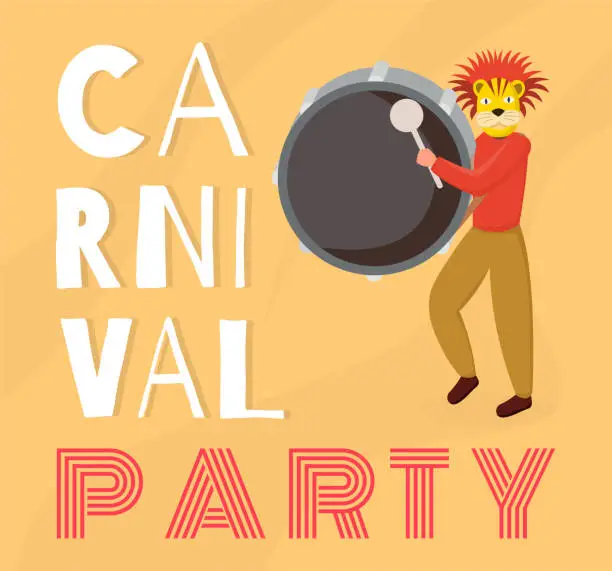 Vector illustration of Dominican carnival party banner vector template. Latino drummer, musician in animal mask playing drum cartoon character. Traditional latin american festival, Punta Cana cultural event poster layout