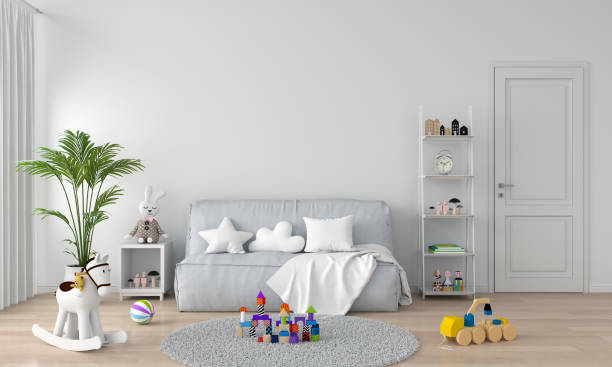 istock Gray sofa in white child room interior, 3D rendering 1175556846