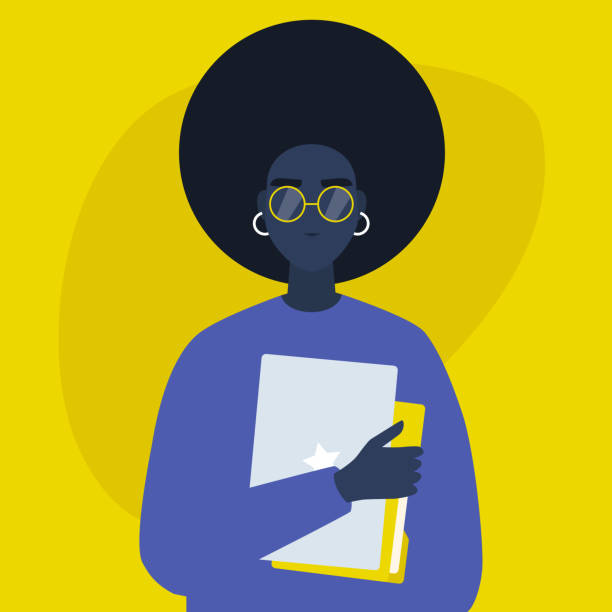 Young black female character holding a laptop and a folder with documents. Student. Project manager. Young adult. Millennial lifestyle. Flat editable vector illustration, clip art Young black female character holding a laptop and a folder with documents. Student. Project manager. Young adult. Millennial lifestyle. Flat editable vector illustration, clip art project manager stock illustrations