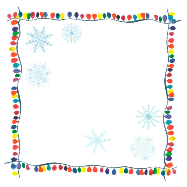 istock Watercolor hand painted holiday squared frame with multicolor garland lights, snowflakes in the corners and celebration merry christmas and happy new year text for invitations and postcard 1175560989