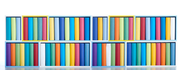 multi colored generic books in shelf, panoramic - library book shelf generic imagens e fotografias de stock