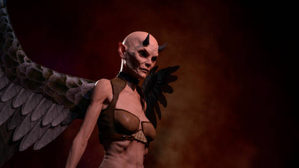 istock Horned female demon posing over red dark background 1175562573