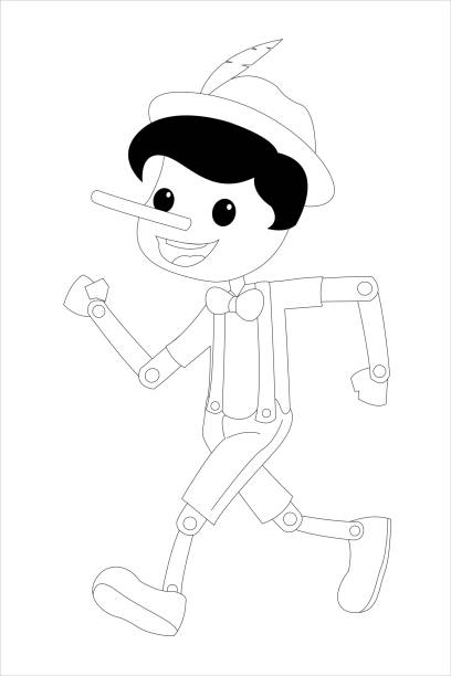 ilustrações de stock, clip art, desenhos animados e ícones de pinocchio tale black and white vectoral illustration - pinocchio fairy tale puppet picture book