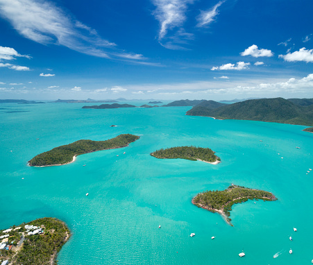 Aerial of Shute Harbour with the famous Whitsunday Islands in back, Queensland, Australia. Converted from RAW.