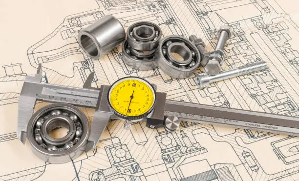 Metal calliper gauge with round yellow dial and steel parts on study project. Drafting and machining. Full depth of field