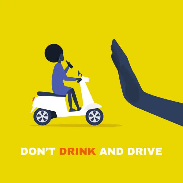 Vector illustration of Young black female character driving a motor scooter and holding a bottle of beer. Law violation. Stop hand gesture. Flat editable vector illustration, clip art