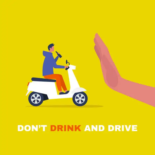 Vector illustration of Young male character driving a motor scooter and holding a bottle of beer. Law violation. Stop hand gesture. Flat editable vector illustration, clip art