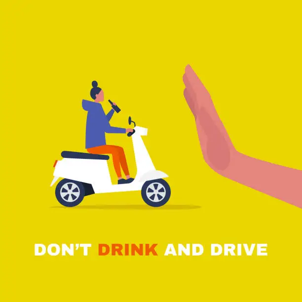 Vector illustration of Young female character driving a motor scooter and holding a bottle of beer. Law violation. Stop hand gesture. Flat editable vector illustration, clip art