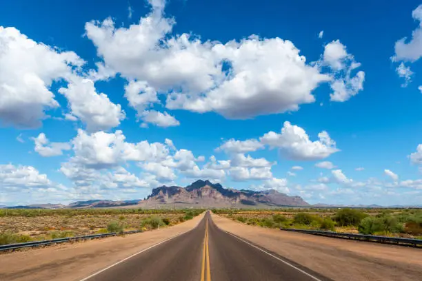 The road to Superstition Mountain in Arizona. Located outside of Phoenix, the area is a popular destination for tourists and treasure hunters searching for the Lost Dutchman's gold.