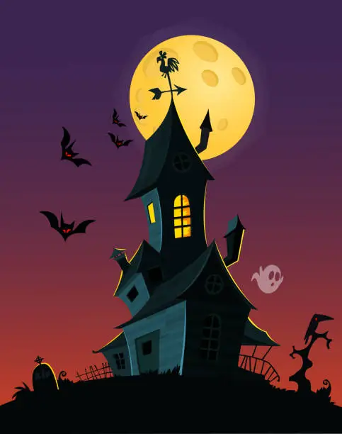 Vector illustration of Spooky old ghost house. Halloween card\poster. Vector illustration