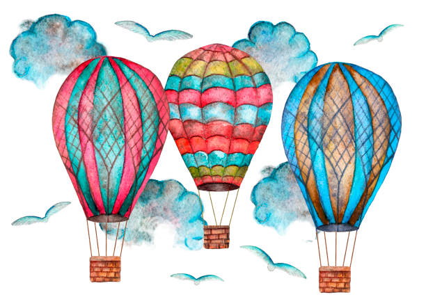 istock Three watercolor cartoon multicolored balloons flying among clouds and birds isolated on white background 1175569014