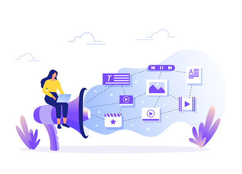 Woman fill web page with content. Management, SMM and Blogging concept in flat design. Creating, marketing and sharing of digital - vector illustration.