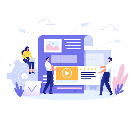 Team fill web page with content. Management, SMM and Blogging concept in flat design. Creating, marketing and sharing of digital - vector illustration.