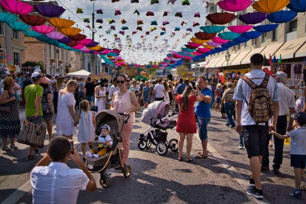 Tiraspol, Transnistria - September 02, 2019: Umbrellas street festival on Independence Day celebration in Tiraspol, Transnistria.